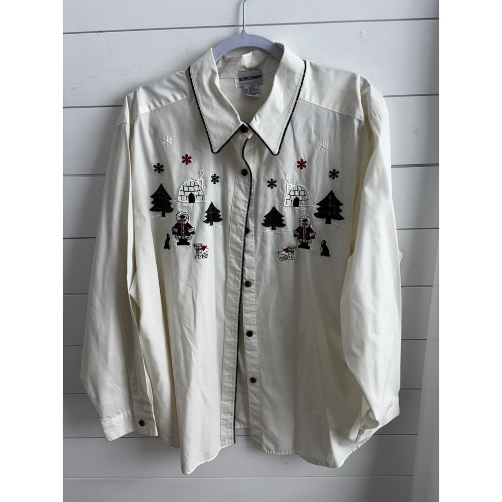 Size 24W Christmas Alfred Dunner Ivory Embroidery Long Sleeve Button-Up 0402